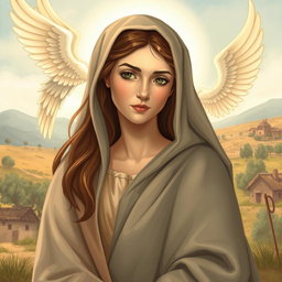 A tranquil and sacred illustration of the Virgin Mary as a young woman of approximately 15 years old in Nazareth