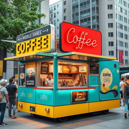 A vibrant, quarter-shaped mobile coffee shop designed to attract customers
