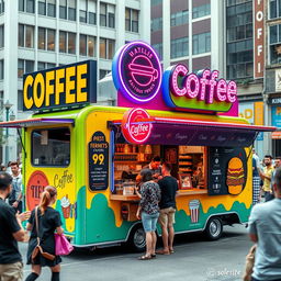 A vibrant, quarter-shaped mobile coffee shop designed to attract customers