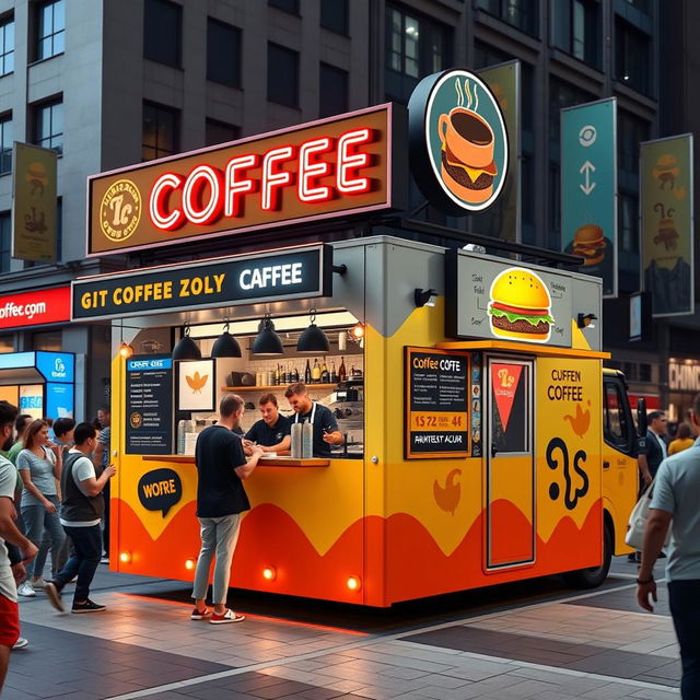 A vibrant, quarter-shaped mobile coffee shop designed to attract customers