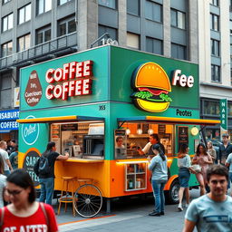 A vibrant, quarter-shaped mobile coffee shop designed to attract customers