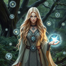A beautiful aasimar woman with long blonde hair, dressed as a powerful mage from Dungeons and Dragons