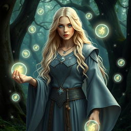 A beautiful aasimar woman with long blonde hair, dressed as a powerful mage from Dungeons and Dragons