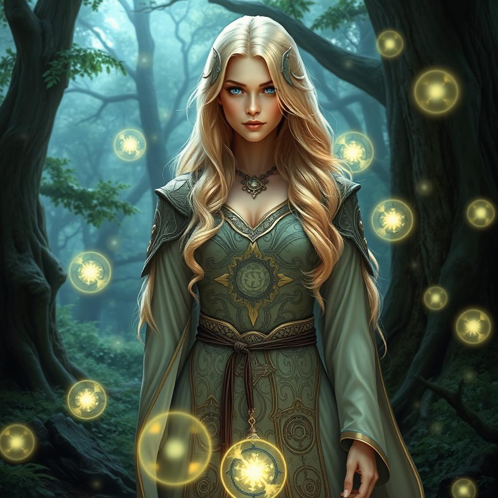 A beautiful aasimar woman with long blonde hair, dressed as a powerful mage from Dungeons and Dragons