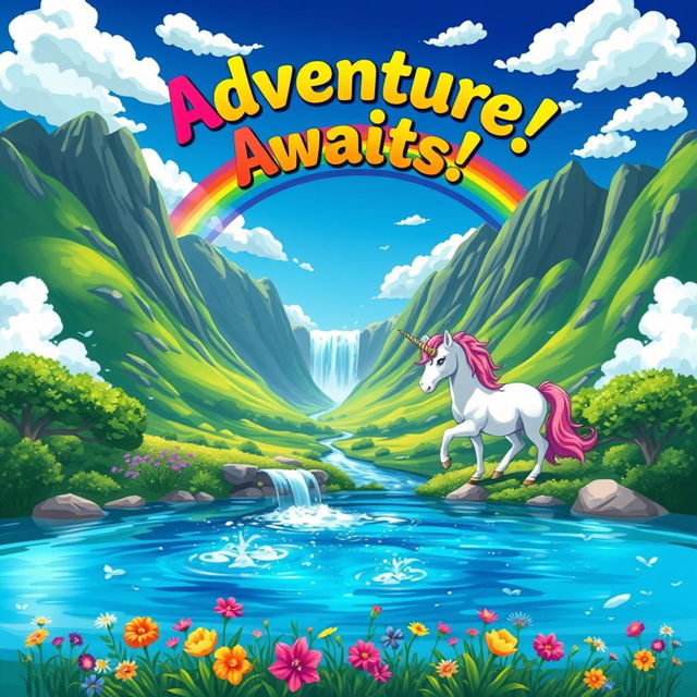 A vibrant and eye-catching poster design featuring a fantastical landscape