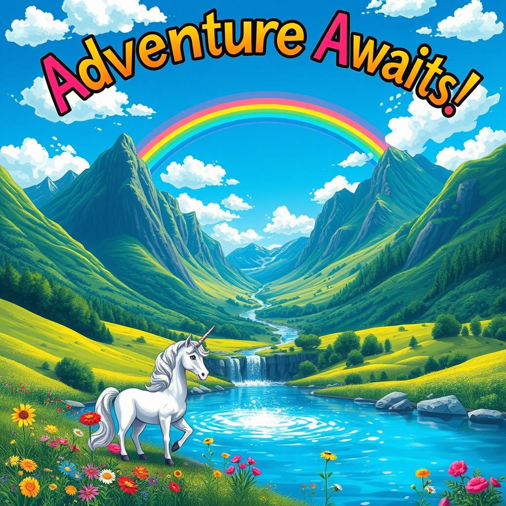 A vibrant and eye-catching poster design featuring a fantastical landscape