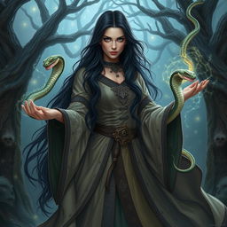 A powerful female wizard with long black hair, conjuring magic spells