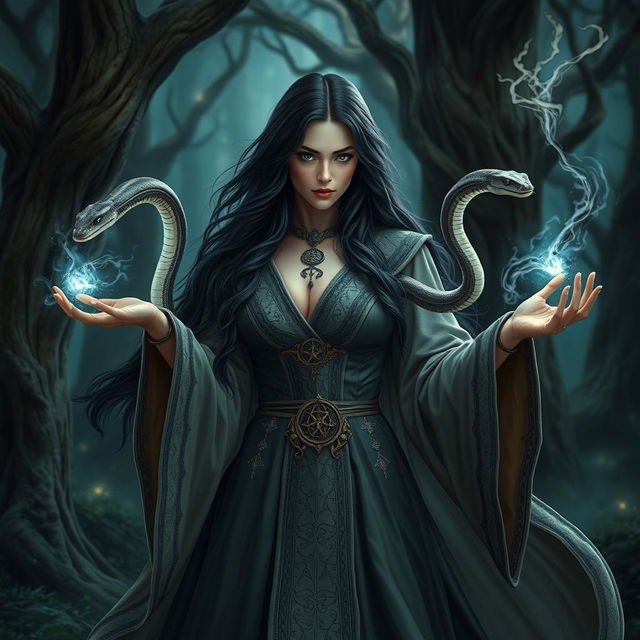 A powerful female wizard with long black hair, conjuring magic spells