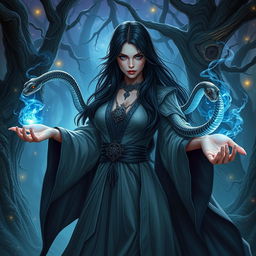 A powerful female wizard with long black hair, conjuring magic spells