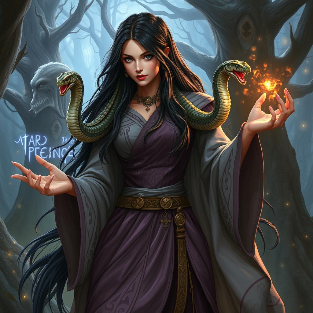 A powerful female wizard with long black hair, conjuring magic spells