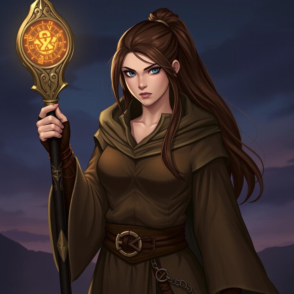 An 18-year-old human female D&D character with long brown hair neatly tied into a ponytail