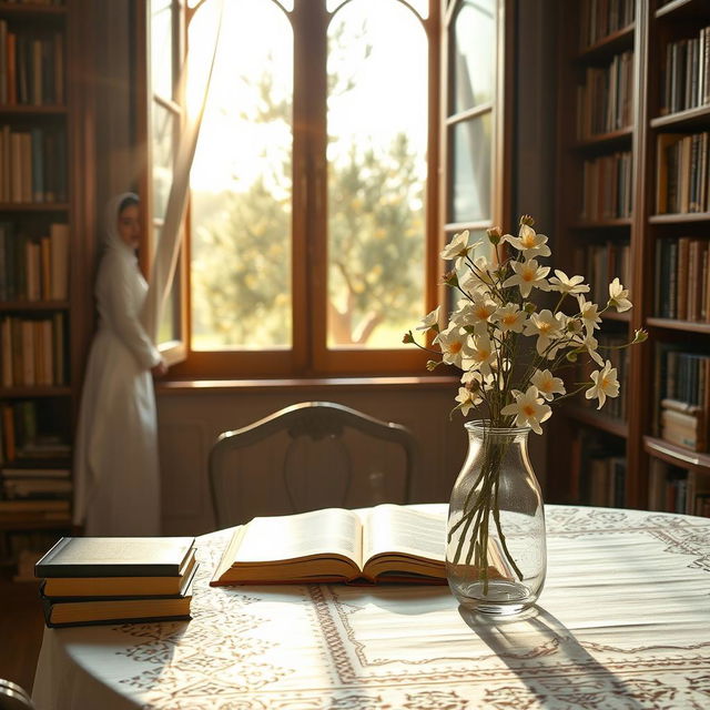 A young Syrian Muslim girl with Levantine features, wearing white traditional Islamic attire, sits at a table adorned with a white cloth intricately embroidered in Palestinian patterns