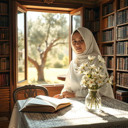 A young Syrian Muslim girl with Levantine features, wearing white traditional Islamic attire, sits at a table adorned with a white cloth intricately embroidered in Palestinian patterns