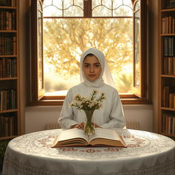 A young Syrian Muslim girl with Levantine features, wearing white traditional Islamic attire, sits at a table adorned with a white cloth intricately embroidered in Palestinian patterns