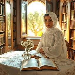 A young Syrian Muslim girl with Levantine features, wearing white traditional Islamic attire, sits at a table adorned with a white cloth intricately embroidered in Palestinian patterns