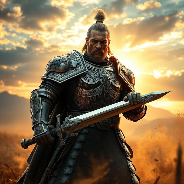 A powerful warrior clad in intricately designed armor, standing confidently on a battlefield