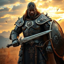 A powerful warrior clad in intricately designed armor, standing confidently on a battlefield