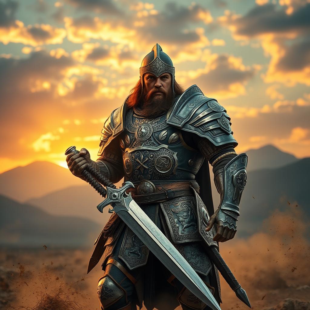 A powerful warrior clad in intricately designed armor, standing confidently on a battlefield