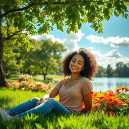A serene and fulfilling scene portraying a person sitting peacefully in a lush green park, surrounded by vibrant flowers and trees