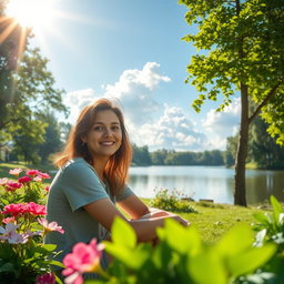 A serene and fulfilling scene portraying a person sitting peacefully in a lush green park, surrounded by vibrant flowers and trees