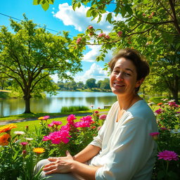 A serene and fulfilling scene portraying a person sitting peacefully in a lush green park, surrounded by vibrant flowers and trees