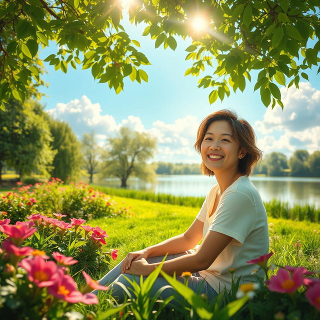 A serene and fulfilling scene portraying a person sitting peacefully in a lush green park, surrounded by vibrant flowers and trees