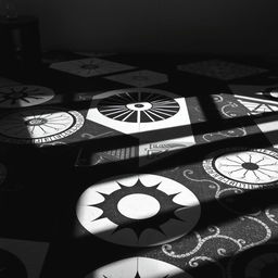 A visually striking black and white image of a contemporary floor design, featuring a combination of geometric patterns and organic shapes, beautifully contrasted against a muted background