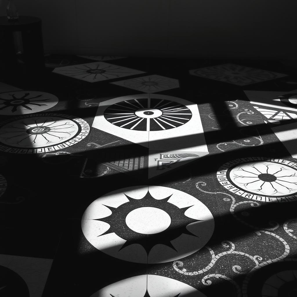 A visually striking black and white image of a contemporary floor design, featuring a combination of geometric patterns and organic shapes, beautifully contrasted against a muted background