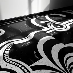 A visually striking black and white image of a contemporary floor design, featuring a combination of geometric patterns and organic shapes, beautifully contrasted against a muted background