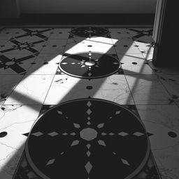 A visually striking black and white image of a contemporary floor design, featuring a combination of geometric patterns and organic shapes, beautifully contrasted against a muted background