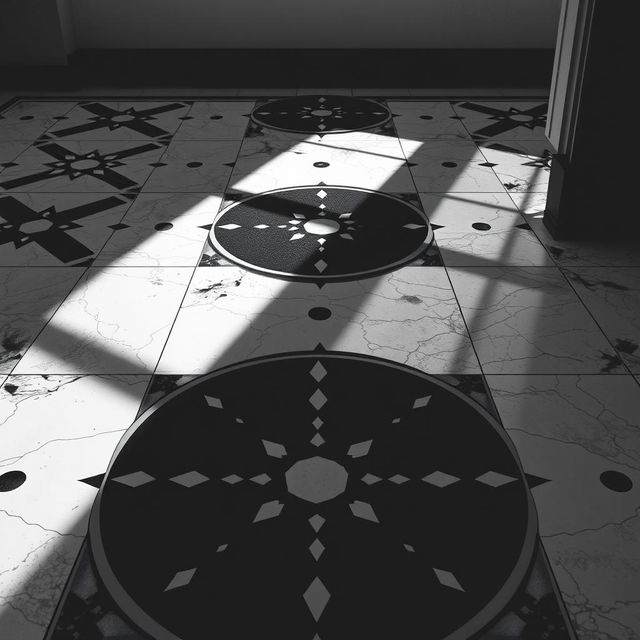 A visually striking black and white image of a contemporary floor design, featuring a combination of geometric patterns and organic shapes, beautifully contrasted against a muted background