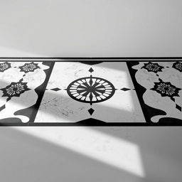 A visually striking black and white image of a contemporary floor design, featuring a combination of geometric patterns and organic shapes, beautifully contrasted against a muted background