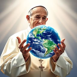 A serene and compassionate portrayal of Pope Francis, depicted as an elderly man with white hair and a kind expression, holding a beautifully detailed planet Earth in his hands
