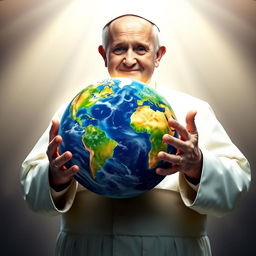 A serene and compassionate portrayal of Pope Francis, depicted as an elderly man with white hair and a kind expression, holding a beautifully detailed planet Earth in his hands