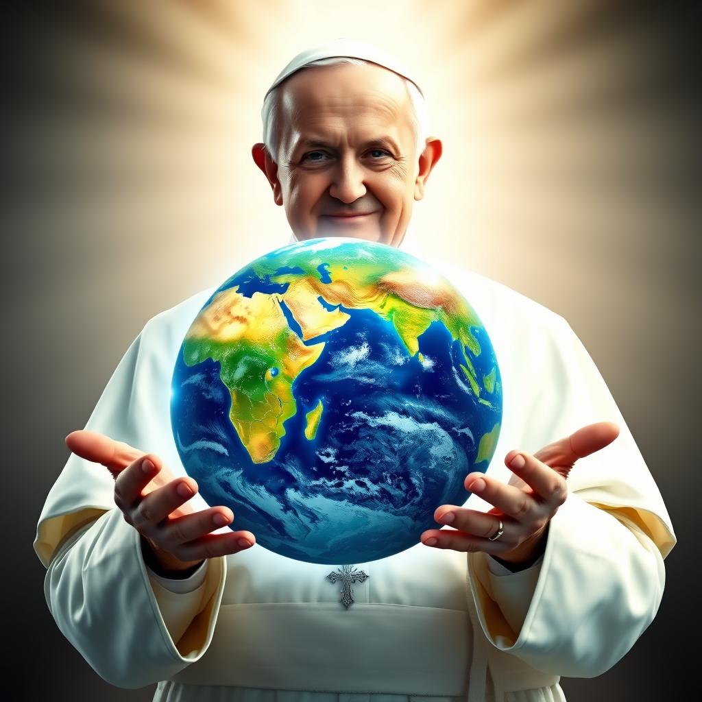 A serene and compassionate portrayal of Pope Francis, depicted as an elderly man with white hair and a kind expression, holding a beautifully detailed planet Earth in his hands