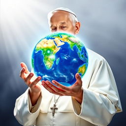 A serene and compassionate portrayal of Pope Francis, depicted as an elderly man with white hair and a kind expression, holding a beautifully detailed planet Earth in his hands