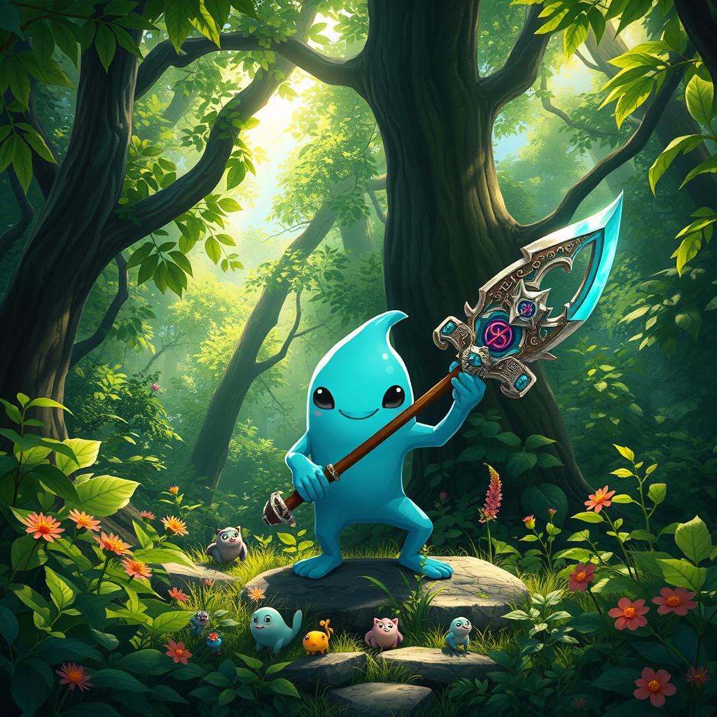 Rimuru Tempest, the charming slime character, positioned in the middle of a lush, vibrant forest