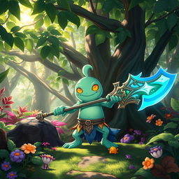 Rimuru Tempest, the charming slime character, positioned in the middle of a lush, vibrant forest