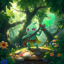 Rimuru Tempest, the charming slime character, positioned in the middle of a lush, vibrant forest