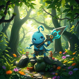 Rimuru Tempest, the charming slime character, positioned in the middle of a lush, vibrant forest