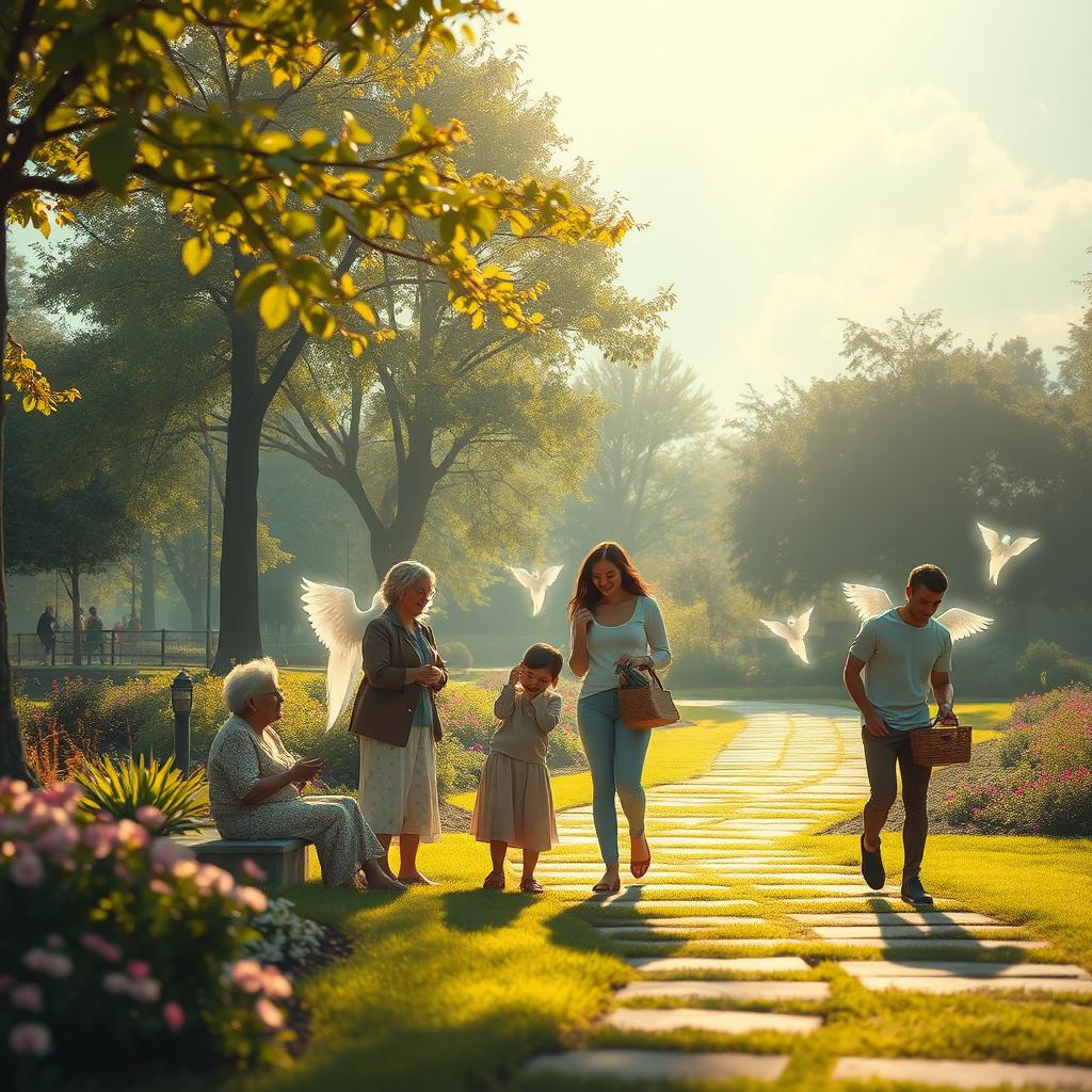 A tranquil and celestial scene that illustrates the invisible presence of angels in daily life