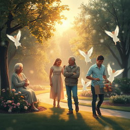 A tranquil and celestial scene that illustrates the invisible presence of angels in daily life