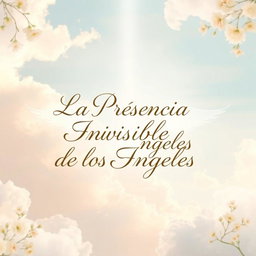An artistic interpretation of the phrase 'La Presencia Invisible de los Ángeles' displayed in a serene and ethereal background
