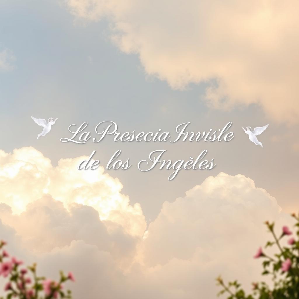 An artistic interpretation of the phrase 'La Presencia Invisible de los Ángeles' displayed in a serene and ethereal background