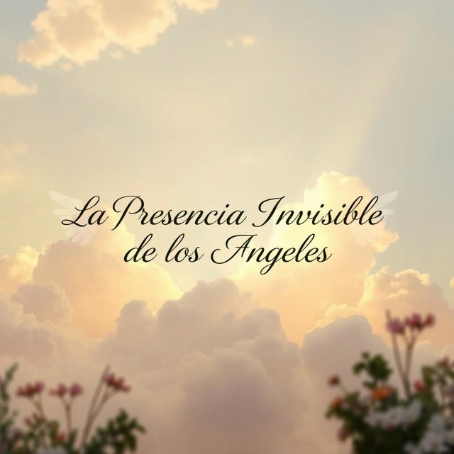 An artistic interpretation of the phrase 'La Presencia Invisible de los Ángeles' displayed in a serene and ethereal background