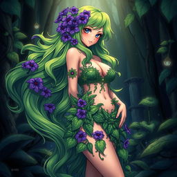 An alluring anime illustration of a plant girl with long, wavy green hair adorned with vibrant purple flowers