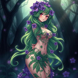A captivating anime illustration of a plant girl with long, wavy green hair that is embellished with vibrant purple flowers