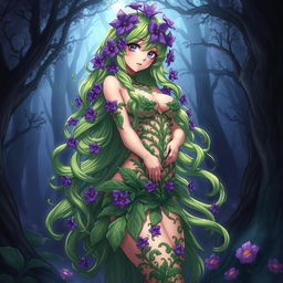 A captivating anime illustration of a plant girl with long, wavy green hair that is embellished with vibrant purple flowers