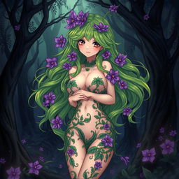 A captivating anime illustration of a plant girl with long, wavy green hair that is embellished with vibrant purple flowers