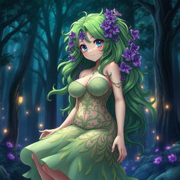 A captivating anime depiction of a plant girl with long, wavy green hair adorned with striking purple flowers